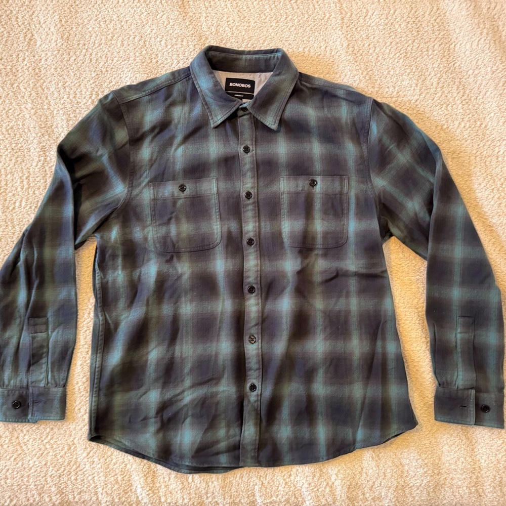 Bonobos - Stretch Flannel Shirt in Green Black Plaid (XL Standard Fit)